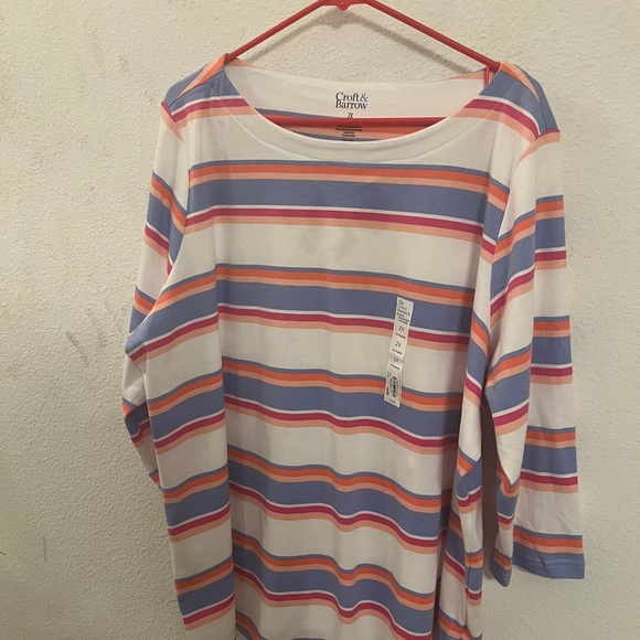 Croft & Barrow Boatneck 3/4  Blue Pink Sleeve Striped Top 2X NWT Plus Size - Picture 10 of 13